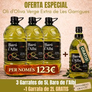 Promoció 3 garrafes 5 litres Oli d'oliva Verge Extra Baró de l'Albi + 2 litres de regal